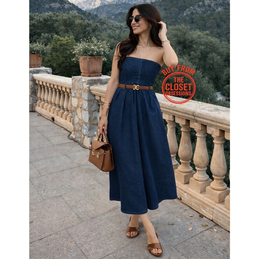 ZARA Blogger Fave Belted Strapless Dress NWT ✨ Elegant A-Line Size M - Picture 2 of 16